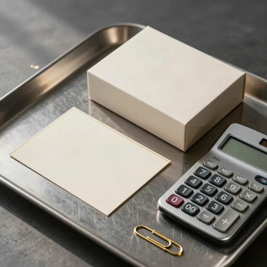 Brushed metal tray with prototype box, pricing cards, calculator, and gold paper clips