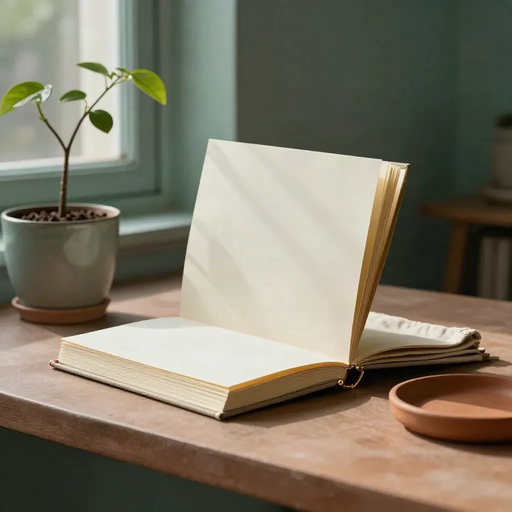 Development folio, brass markers, and a sprouting branch in a glazed pot by warm window light.