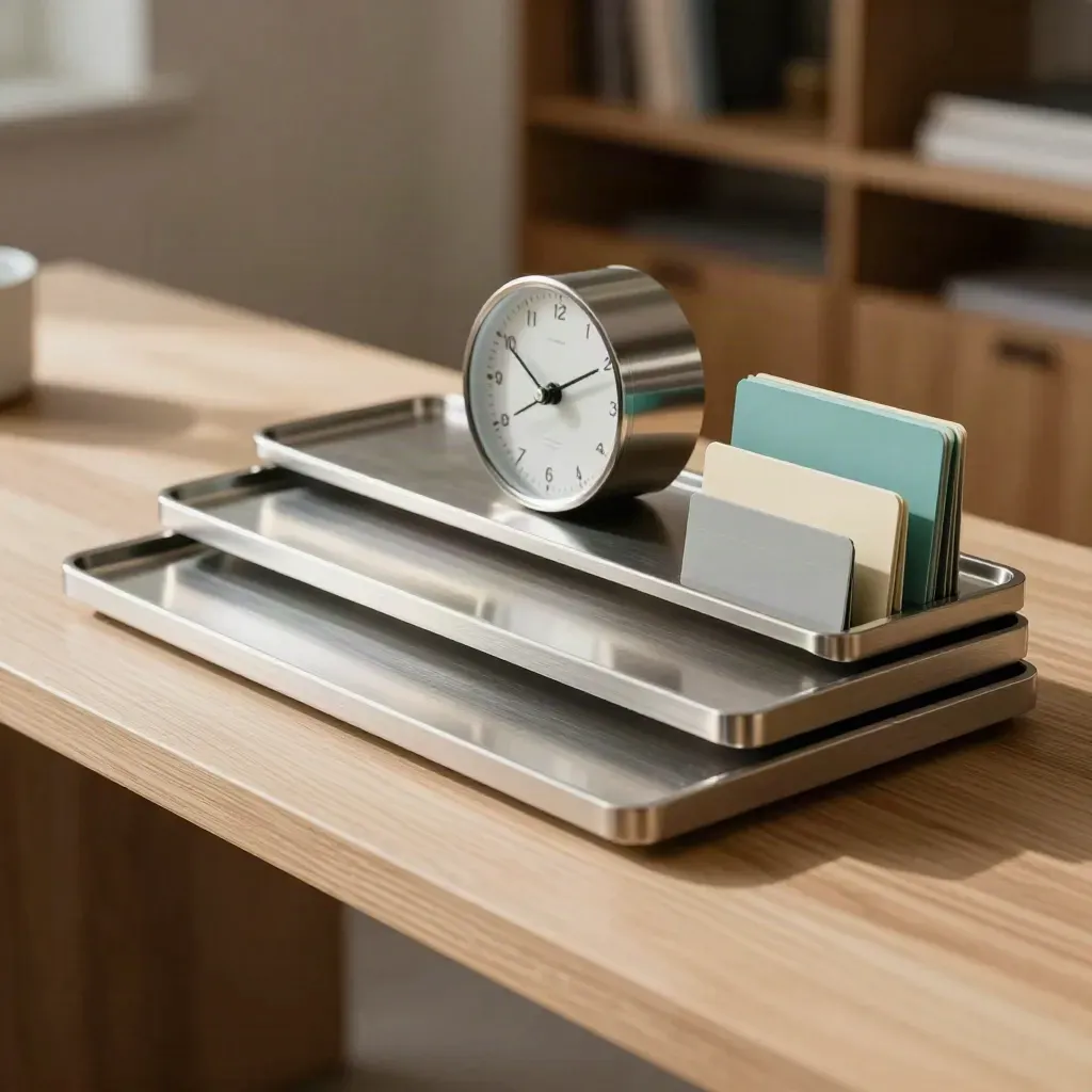 Pewter trays, steel clock and teal tabs lined up on a pale oak console in warm window light.