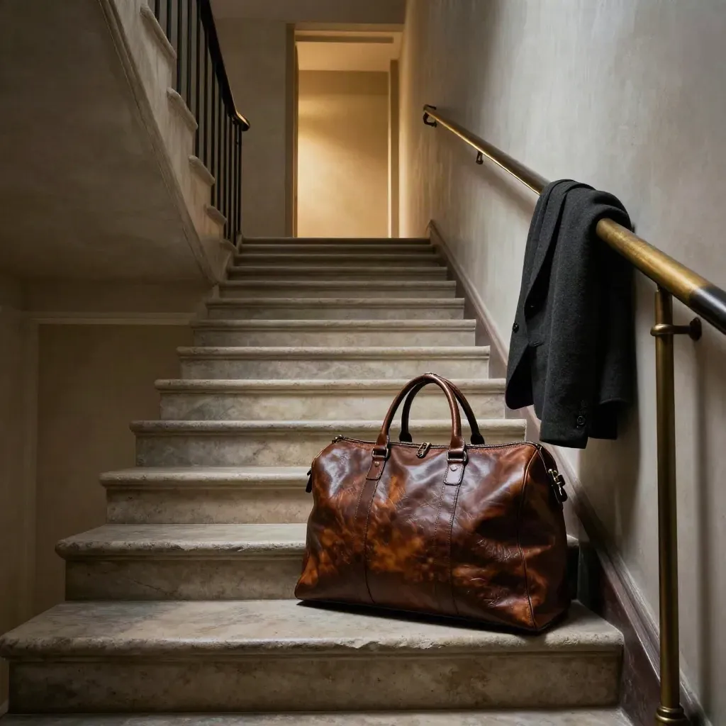 Forked stair landing with a leather carry bag and folded jacket, one corridor glowing ahead.