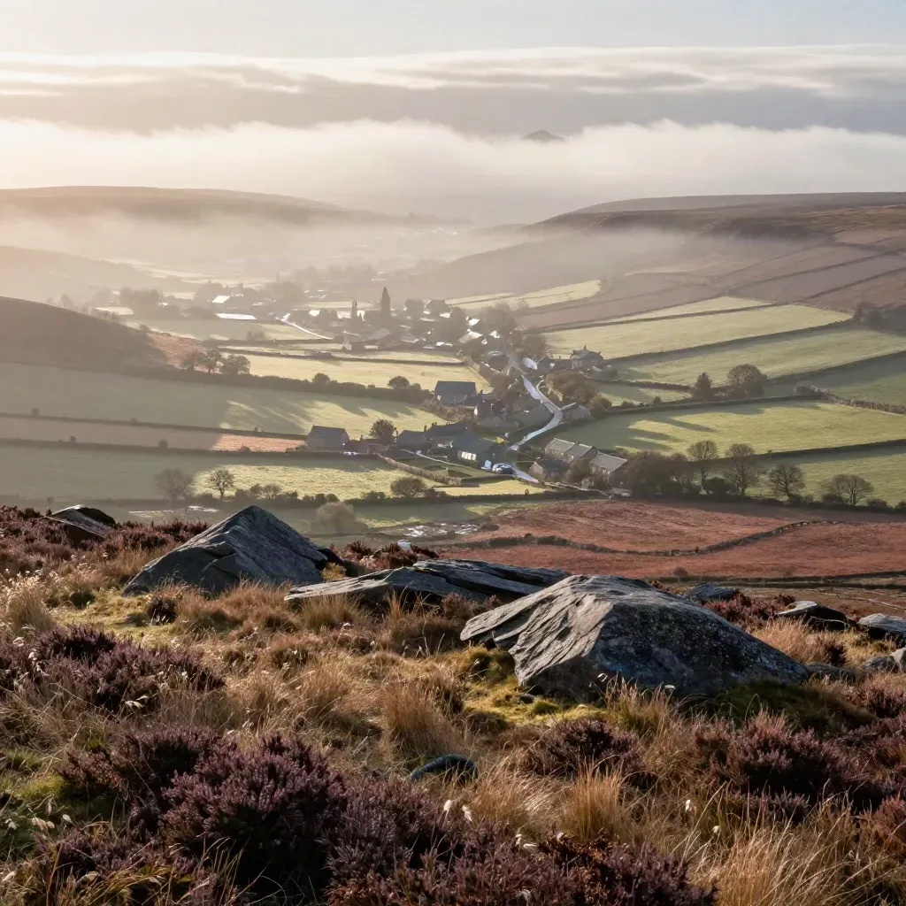 Misty UK ridge over patchwork fields and small towns, open space for copy